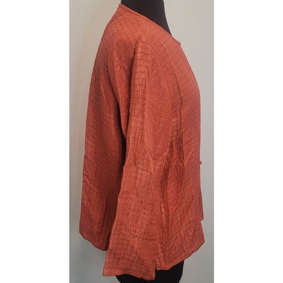 Eileen Fisher Luxury Burnt Orange Silk Asian Inspired Mandarin Collar Jacket M - Picture 2 of 7